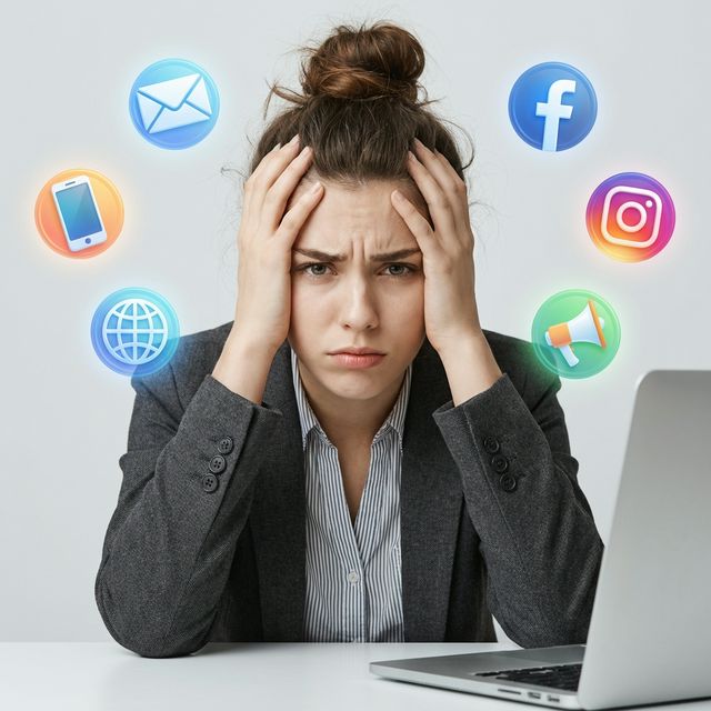 Overwhelmed business owner surrounded by fragmented digital information